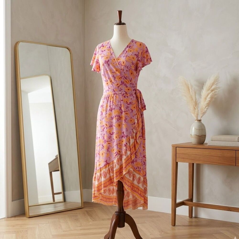 ZESICA Bohemian Pink Floral Wrap Ruffle Midi Dress S Peach Orange Flowy V-Neck